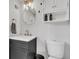Bathroom with modern vanity, decorative mirror, and white toilet at 1618 Villa Ave, Indianapolis, IN 46203