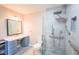 Modern bathroom features walk-in shower with handicap grab bars at 207 Keats Ct # 102, Carmel, IN 46032