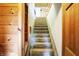 Carpeted stairs with wooden trim lead to the next floor, highlighted by natural light and wooden wall accents at 3317 S 100 E, Greenfield, IN 46140