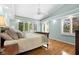 Relaxing bedroom with tray ceilings, a ceiling fan, and large windows at 3532 Clearwater Cir, Indianapolis, IN 46240