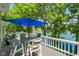 Outdoor patio with lake view, featuring patio furniture and a blue umbrella at 3532 Clearwater Cir, Indianapolis, IN 46240