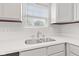 Close-up of the stainless steel sink and counter with a view from the window at 6227 Long River Ln, Indianapolis, IN 46221