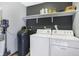 Organized laundry room with washer, dryer, shelving, and cleaning supplies for efficient chores at 6842 Sextant Dr, Indianapolis, IN 46260
