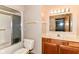 Well-lit bathroom with a shower/tub combo, vanity with storage, and a large mirror at 7220 Normandy Way, Indianapolis, IN 46278