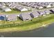Aerial view of a neighborhood and pond with a mix of single-Gathering homes, green lawns, and paved streets at 8263 Bryce Blvd, Pendleton, IN 46064