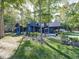 Charming home exterior with a stone chimney, spacious patio and lush landscaping, ideal for outdoor living at 2004 Layton Rd, Anderson, IN 46011