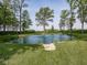 Scenic pond with a fountain feature surrounded by mature trees and green lawn at 2004 Layton Rd, Anderson, IN 46011
