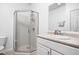 Bathroom featuring standing shower with glass door and modern sink with white cabinet at 2326 N Pennsylvania St # 6, Indianapolis, IN 46205