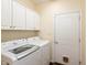 Convenient laundry room with modern washer and dryer, storage cabinets, and a door at 5229 Imperial Dr, Columbus, IN 47203