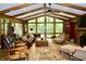 Comfortable living room featuring wood paneling, large windows, and beamed ceilings at 6519 Creekside Ln, Indianapolis, IN 46220