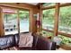 Cozy sunroom featuring a leather sectional, floor-to-ceiling windows with a view of the pool and greenery at 6519 Creekside Ln, Indianapolis, IN 46220