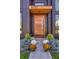 Modern front door with glass insert, address numbers, and decorative plants on stone steps at 8695 Morgan Dr, Fishers, IN 46038
