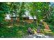 Backyard view with fire pit and mature trees at 955 Wood Creek Pl, Greenwood, IN 46142