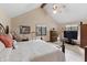 Spacious main bedroom with a large bed, decorative ceiling fan, and ample natural light at 13153 Tudor Dr, Carmel, IN 46033