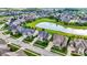 Stunning aerial view of a suburban neighborhood surrounding a picturesque pond and beautiful greenery at 2789 W High Grove Cir, Zionsville, IN 46077