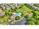 Aerial view of a community pool, playground, parking area, and green spaces surrounded by homes at 2789 W High Grove Cir, Zionsville, IN 46077