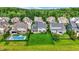 Aerial view of backyards, highlighting swimming pools and green spaces perfect for outdoor activities and relaxation at 2789 W High Grove Cir, Zionsville, IN 46077