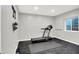 Basement gym featuring black rubber flooring, a modern treadmill, and wall-mounted shelves for equipment at 2789 W High Grove Cir, Zionsville, IN 46077