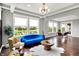 Bright living room featuring a blue couch, large windows overlooking the lake, and an open dining area at 2789 W High Grove Cir, Zionsville, IN 46077