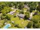 An aerial view showcases the neighborhood's homes, mature trees, and this home's spacious yard at 6146 Rucker Rd, Indianapolis, IN 46220