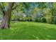 Expansive backyard featuring lush green grass and mature trees providing ample shade at 616 S Fuller Dr, Indianapolis, IN 46241