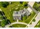 Stunning aerial view of a home with lush landscaping, circular driveway, and mature trees in a desirable neighborhood at 6685 Chapel Xing, Zionsville, IN 46077