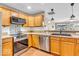 Kitchen featuring stainless steel appliances, wood cabinets, and a view into the living room at 11254 N Sashing Way, Monrovia, IN 46157