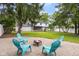 Backyard features a cozy gravel firepit area with comfortable Adirondack chairs, and privacy fence at 1127 Junco Dr, Columbus, IN 47203