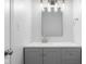 Clean bathroom with gray vanity, modern lighting, and a sleek, square mirror at 1127 Junco Dr, Columbus, IN 47203