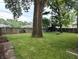 Large grassy back yard with mature tree, wood fence and fire pit at 1637 Meridian St, Columbus, IN 47201