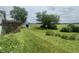 Open backyard with a small blue shed, lawn, landscaping, and views of the surrounding open land at 4363 Roosevelt Dr, Columbus, IN 47201