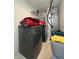 A modern laundry room features a washer and dryer with red and gray blankets on top at 4925 Chip Shot Ln, Indianapolis, IN 46235