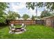 Charming backyard featuring a brick fire pit, Adirondack chairs, and a spacious green lawn at 614 N Drexel Ave, Indianapolis, IN 46201