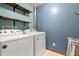 This laundry room has blue walls, modern washer and dryer, and modern shelving at 7082 Hunters Ridge Dr, Plainfield, IN 46168