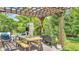 Charming backyard patio with a dining table, seating, and a stone fireplace, creating a cozy outdoor living space at 13304 Landwood Dr, Fishers, IN 46037