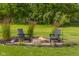 Outdoor fire pit area with chairs, stone border, and manicured landscaping at 1497 Maple Ridge Ct, Columbus, IN 47201