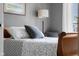 Bedroom boasts a wood bed frame, gray walls, and a cozy atmosphere with natural light at 1497 Maple Ridge Ct, Columbus, IN 47201
