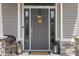 Close up of the front door of the home, complete with stylish decor and a secure entrance at 1497 Maple Ridge Ct, Columbus, IN 47201