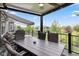 Inviting covered deck with dining table and view of the pond and manicured lawn at 1505 Avondale Dr, Westfield, IN 46074