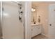 Bright bathroom featuring a glass-enclosed shower, vanity with sink, and tiled floor at 15524 Follow Dr, Noblesville, IN 46060