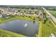 Wide aerial shot of neighborhood with pond and fountain near green fields and homes at 2948 Chalbury Dr, Plainfield, IN 46168