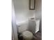 Modest bathroom featuring a toilet and vanity with weathered cabinet below and small mirror above at 4521 Vernon Ave, Indianapolis, IN 46226
