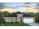 Digital rendering of home with gray stone, dark roof, and white garage door at sunset at 4995 S 650 W, Jamestown, IN 46147