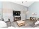 Comfortable living room featuring laminate flooring, vaulted ceiling, modern decor, and a wall-mounted television at 5439 Maywood Dr, Whitestown, IN 46075