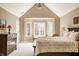 Elegant bedroom with a tray ceiling, a chandelier, and a bay window providing ample natural light at 1229 Helford Ln, Carmel, IN 46032