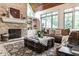 Bright living room features a stone fireplace, built-in bookshelves and large windows at 13346 W Sherbern Dr, Carmel, IN 46032