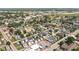 A wide aerial view of a residential area showcases houses with diverse rooftops and urban greenery at 1717 Carrollton Ave, Indianapolis, IN 46202