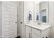 Bathroom featuring a modern white vanity with a countertop and a sink, plus a white door leading to another room at 18998 Beverly Shones Ln, Noblesville, IN 46062