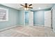 Cozy bedroom featuring recessed lights, ceiling fan, plush carpeting, and closet for extra storage at 18998 Beverly Shones Ln, Noblesville, IN 46062