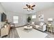 Cozy living room with a beige sofa, plants, modern decor, and a ceiling fan at 2026 Spruce St, Indianapolis, IN 46203